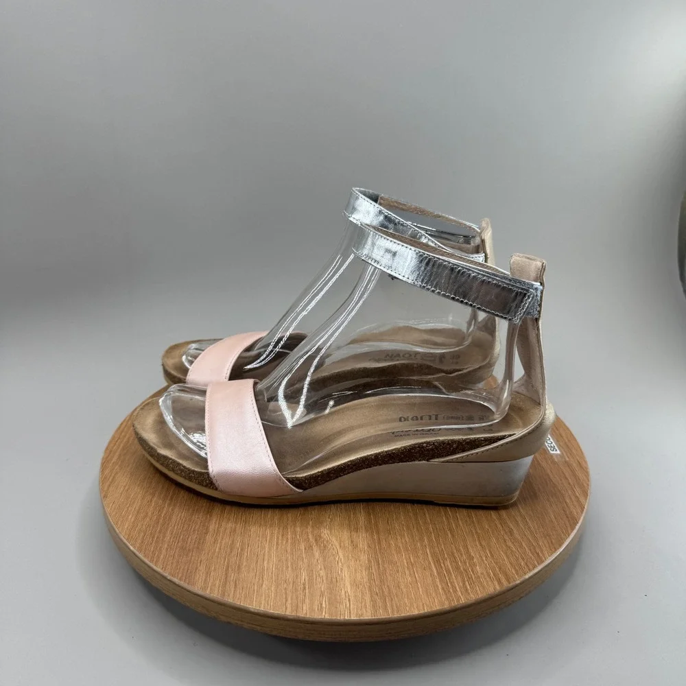 Naot Wedge Sandals 39 8 8.5 Pink Silver Leather Metallic Comfort Boho Chic Cork